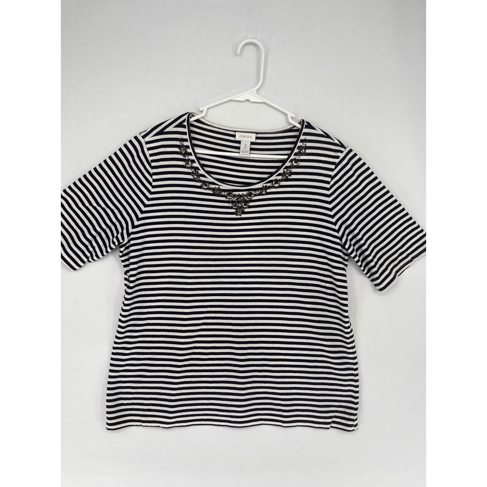 Chico's Striped Beaded Neckline Top Navy White Short Sleeve Cotton Modal Size 3